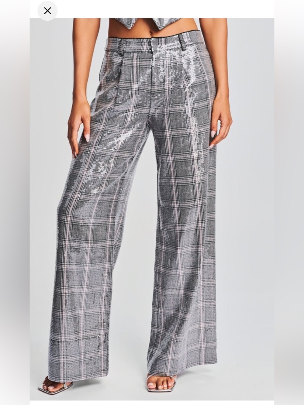 Retrofete Gray Plaid Wide-Leg Sequin Pants